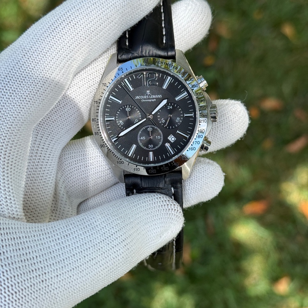 Jacques Lemans Silver and Black Chronograph Watch Mens